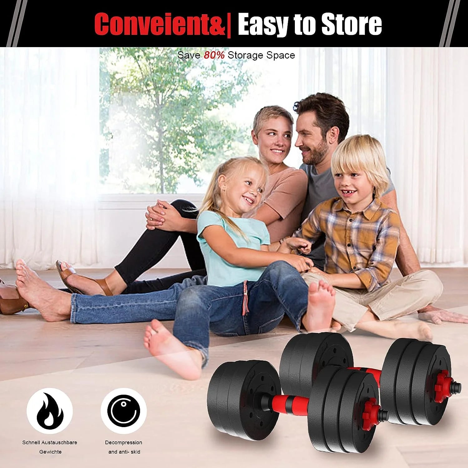 66LB 2 in 1 Adjustable Dumbbell Set with Connecting Rod Used as Barbell for Whole Body Workouts